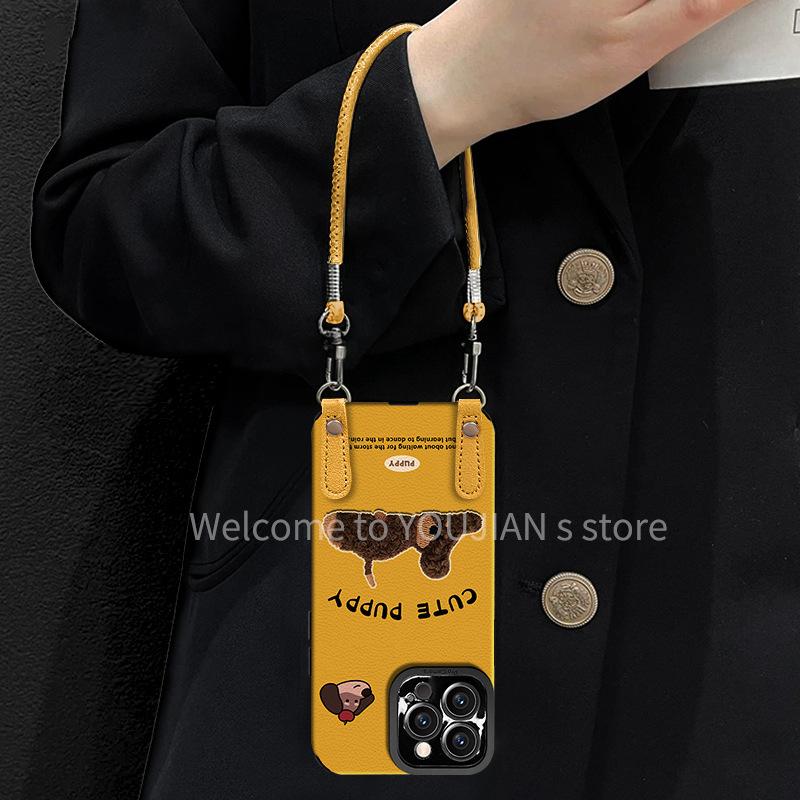 Embroidered Puppy Lanyard for Apple 15promax Mobile Phone Case Iphone17 Autumn and Winter 14 Silicone Sheepskin 16 Women