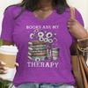 Floral Book & Coffee Design V-Neck T-Shirt Books Are My Therapy Graphic Tee Bookish Casual Tops Book Coffee Lover T-shirt Female