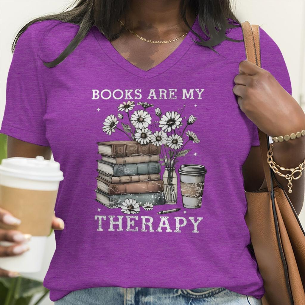 Floral Book & Coffee Design V-Neck T-Shirt Books Are My Therapy Graphic Tee Bookish Casual Tops Book Coffee Lover T-shirt Female