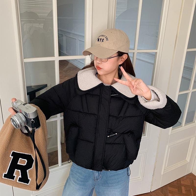 

Candy Color Stitching Double Lapel Horn Buckle Short Cotton-padded Coat for Students M чёрный