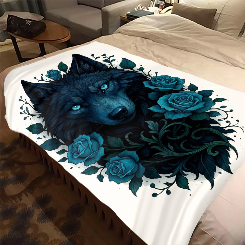 1Pc Wolf Roses Print Flannel Blanket, High Quality Digital Printing, Comfortable for All Seasons, Home DecorGifts821007