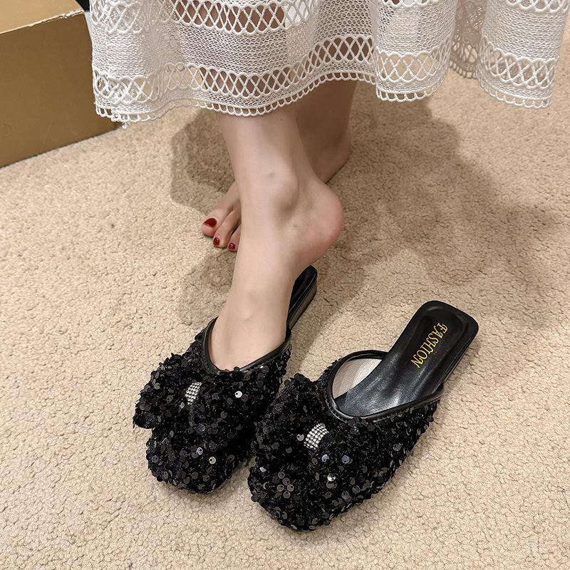 Bow-wrapped Head Half Slippers Women Summer Wear New Casual Slip-on Fashion Sequin Slippers