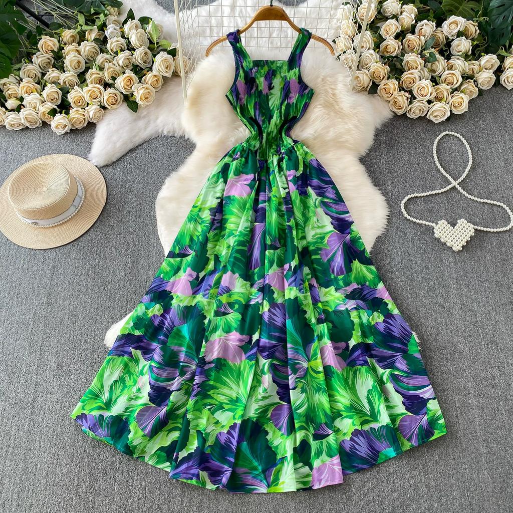 Charming and Elegant Vacation-Style Square-Neck Spaghetti-Strap Dress for Women Summer Dopamine Print A-Line Maxi Dress