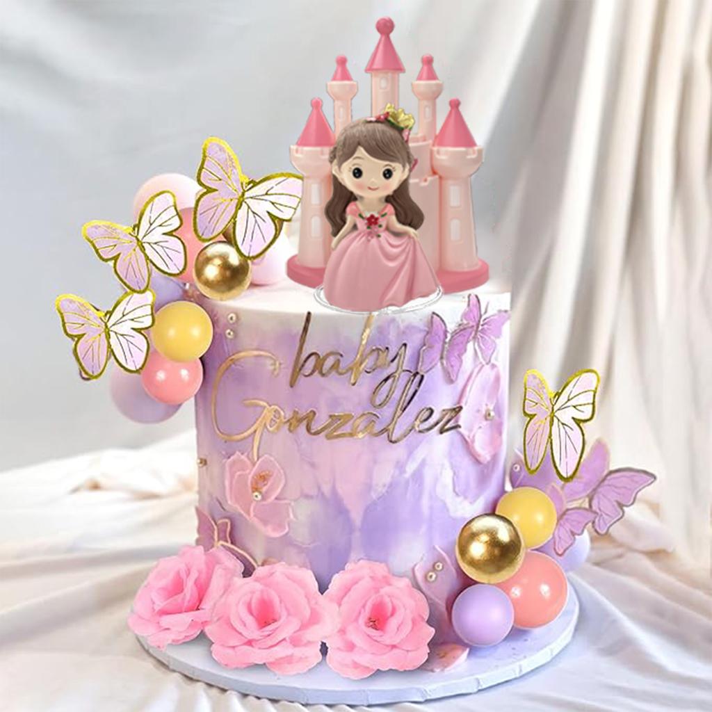 40 PCS Princess Cake Topper Castle Cake Decoration with Butterflies Artificial Flowers and Balls for Girls Kids Happy Birthday P