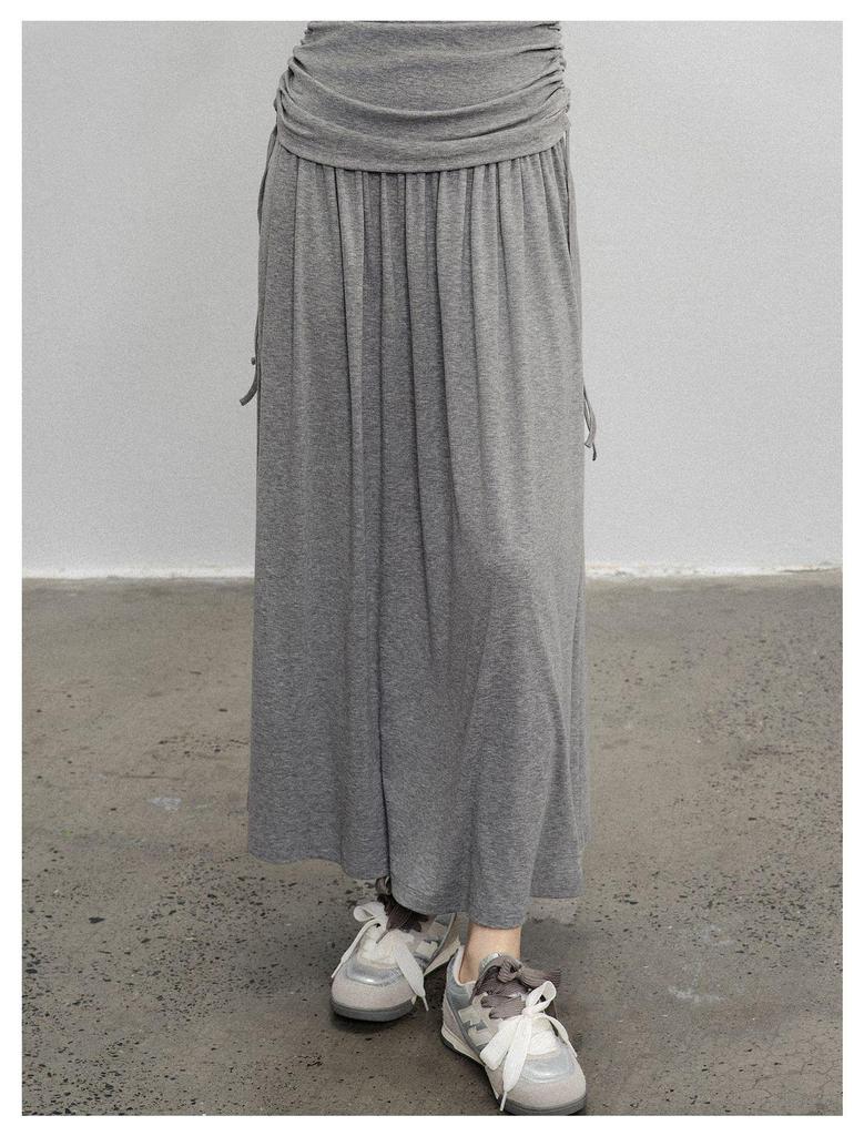 Elegant Gray Pleated High-Waist Maxi Skirt - A-line Spring Design