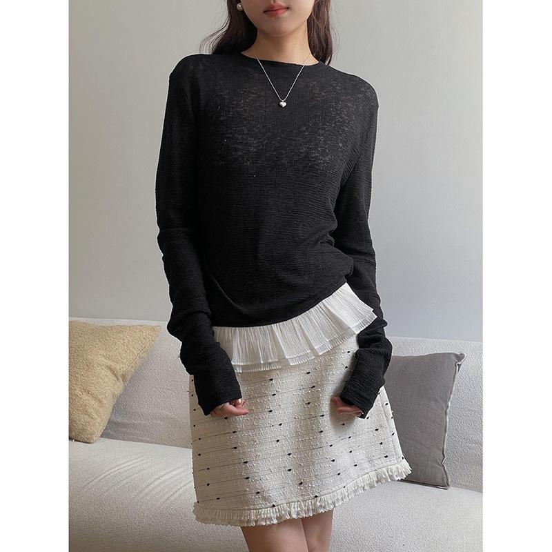 

French Retro Lace Trim Round Neck Long Sleeve T-shirt for Women - Autumn Base Layer Shirt One Size (80-130) чорний