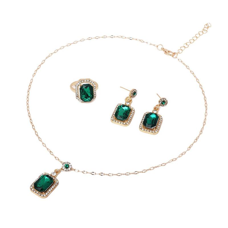 Green Color Square Crystal Stone Jewelry Set Classic Fashion Retro Earrings Necklace Bridal Birthday Girl Gift Wedding