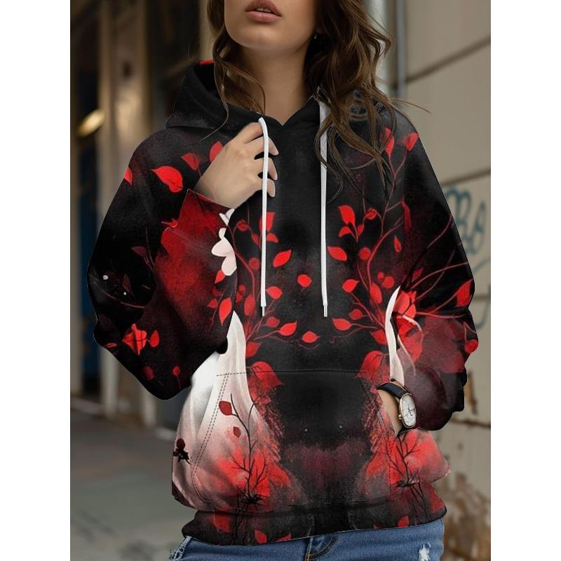 Autumn and Winter Ladies 3D Leaf Flower Print Hooded Comfortable Fashion Breathable Trend Hoodies & Sweatshirts (women’s)