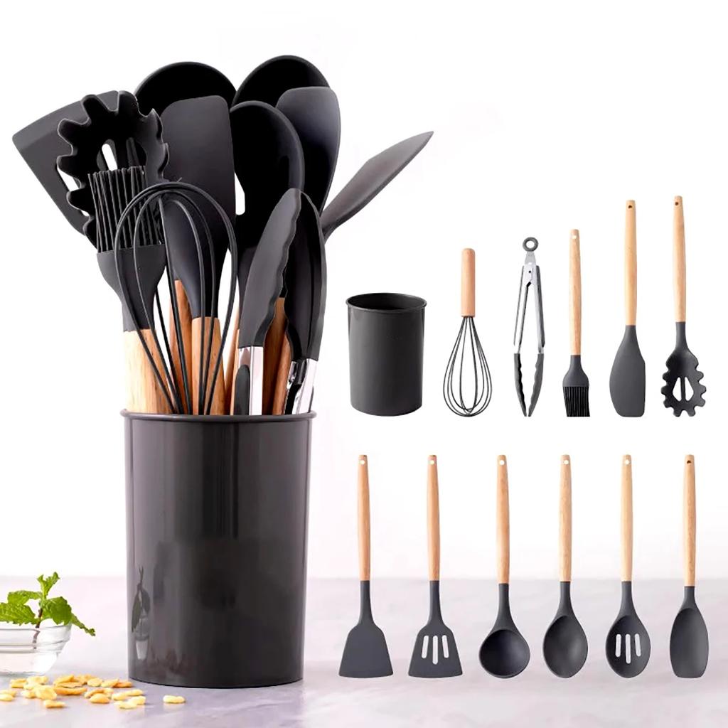 12Pcs/Set Utensílios de cozinha de silicone com alça de madeira balde resistente a altas temperaturas e antiaderente panela espátula colher