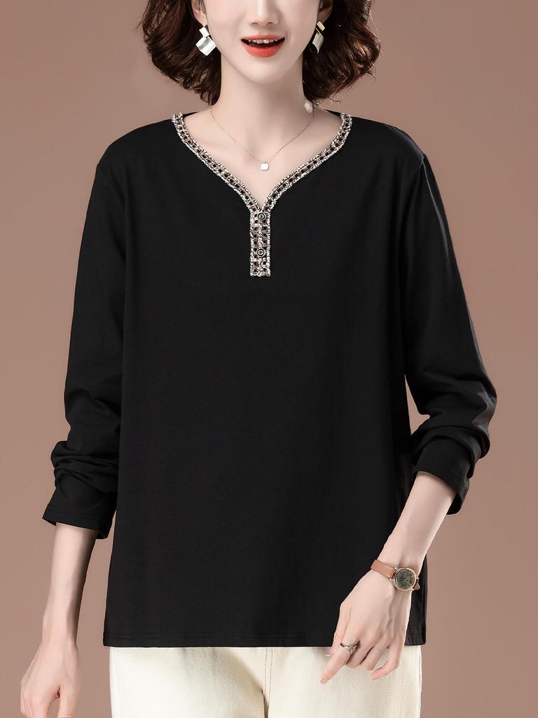 Women's Plus Size V-Neck Long Sleeve Autumn Top - Stylish Loose-Fit Base Shirt for Middle-Aged Mothers