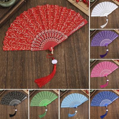 Love Heart Print Folding Fan with Tassel Chinese Style Portable Hollow Ribs Hand Fan Women Dance Performance Props Party Favors