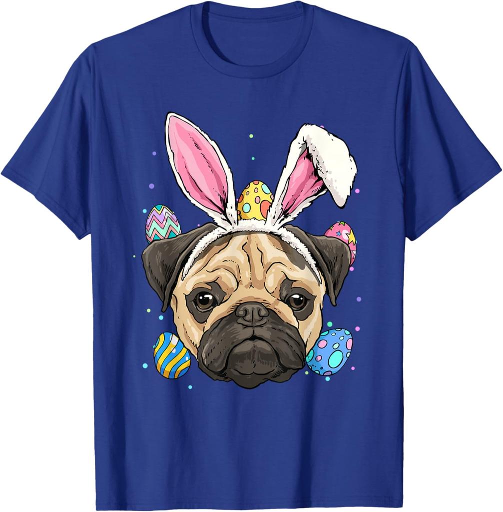 Mops Osterhase T-Shirt Niedlicher Hund mit Hasenohren Grafik-T-Shirt Frühlingsfeiertagsgeschenk
