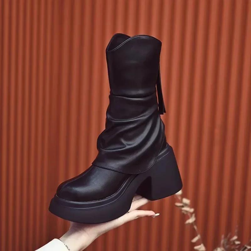 Fashion Fashion Round Toe Thick Sole All-match Ankle Boots Women's Chunky Heels Platform Comfortable Short Boots Increase Shoes 2024