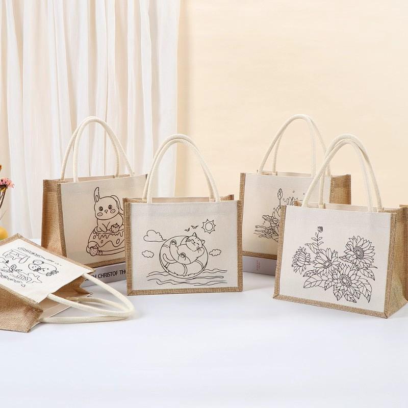 Hand-Painted Graffiti Canvas Tote Bag - Yellow Linen Logo Pattern