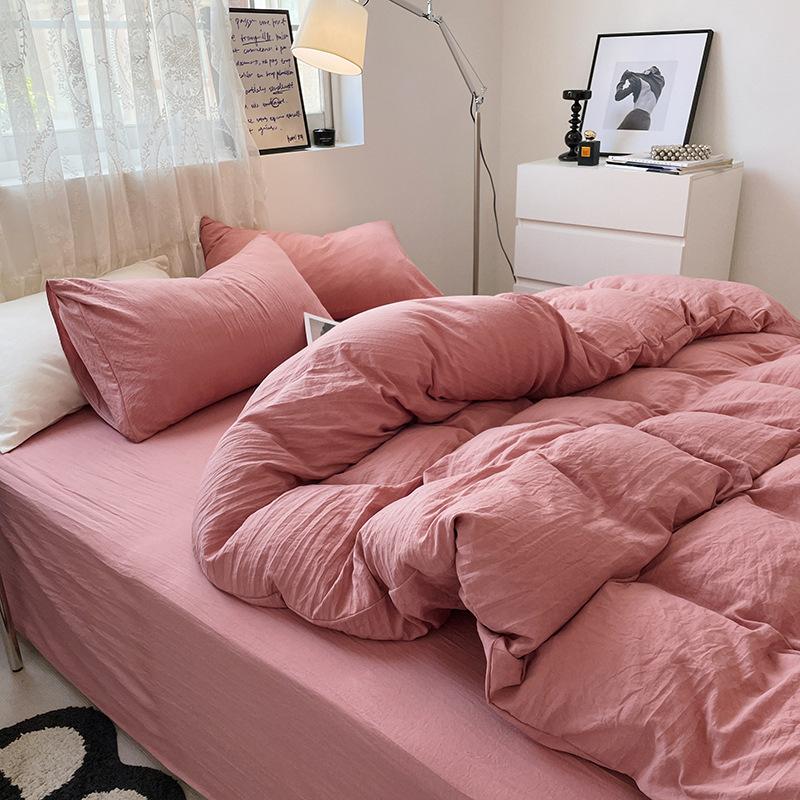 Bed Sheet Quilt Cover Nude Sleeping Pure Cotton Four-piece Set Washed Cotton Soft Bed Sheet Quilt Cover Solid Color Bedding