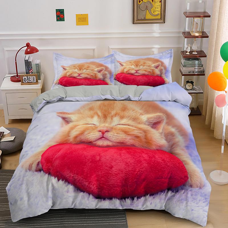 Cat Flowers King Queen Duvet Cover 3D Pet Kitty Floral Bedding Set Teens Adult Yellow Chrysanthemum 2/3pcs Quilt Cover