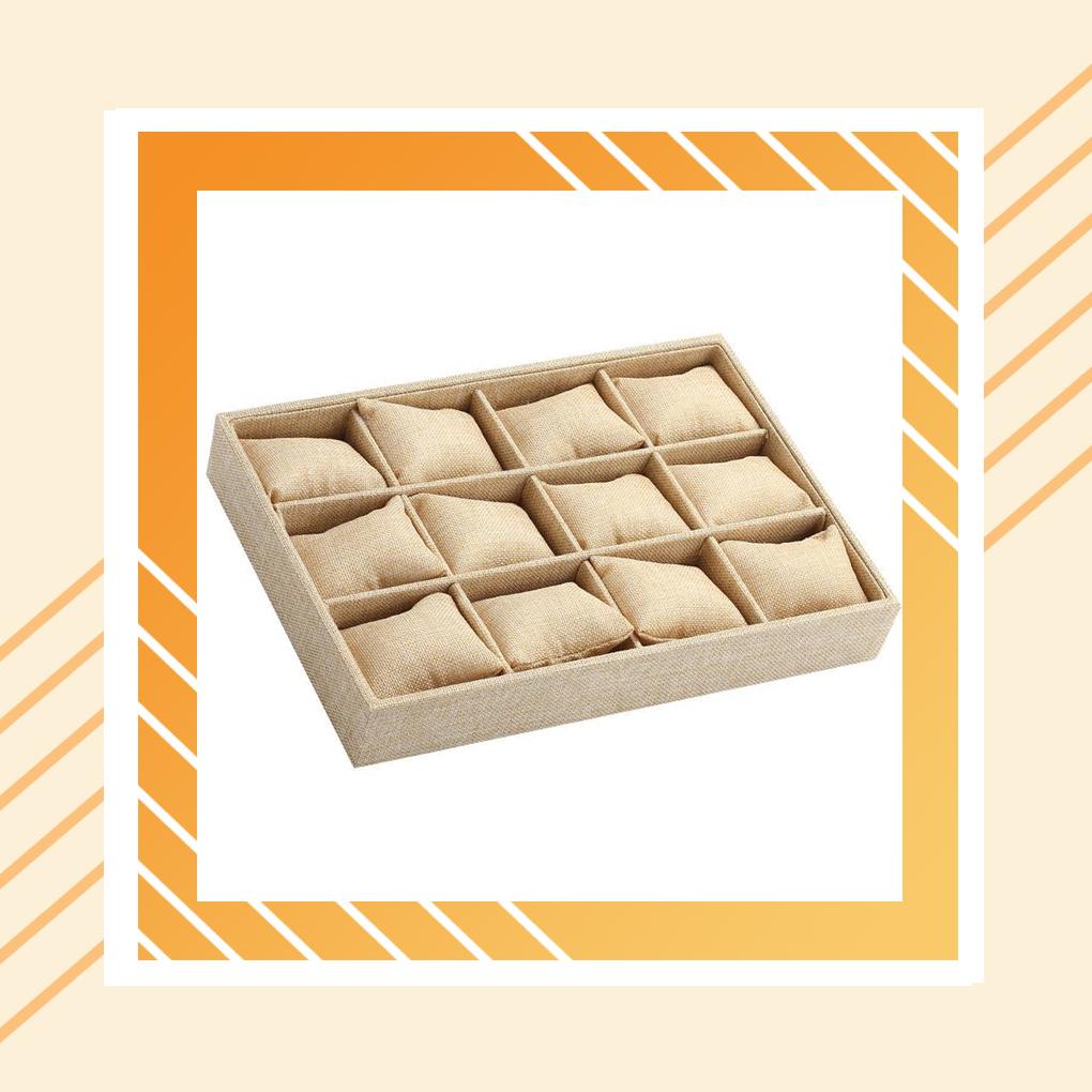 Velour Linen Bracelet Box Watch Stud Tray 12 Grid Plate with Pillow Home Organization Jewelry Multifunction Case