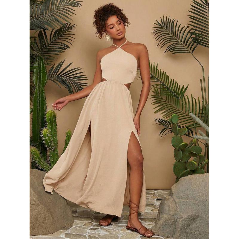 European summer vacation wind beach sleeveless hollow waist strap slim long dress women XS абрикосовый