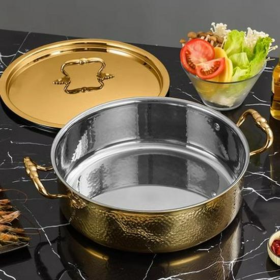 Golden Maple Leaf 304 Stainless Steel Hot Pot with Lid, Hammer Pattern, Three-Layer, Large Capacity, Universal Design, Clear Soup Divider.