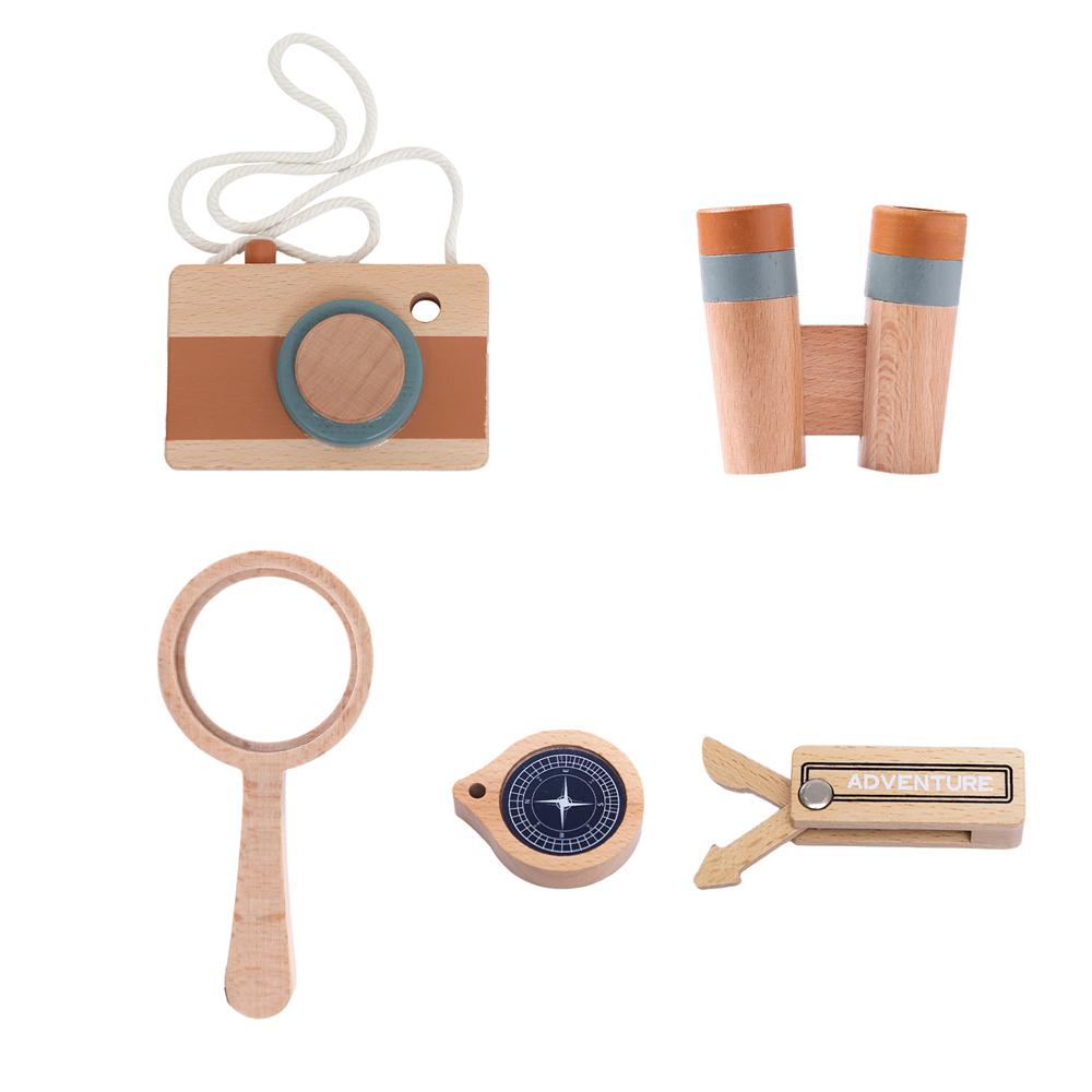Montessori Wooden Toys Baby Outdoor Adventure Camera Magnifier Compass Telescope Wooden Knife Set Adventurer Role Playing Gift