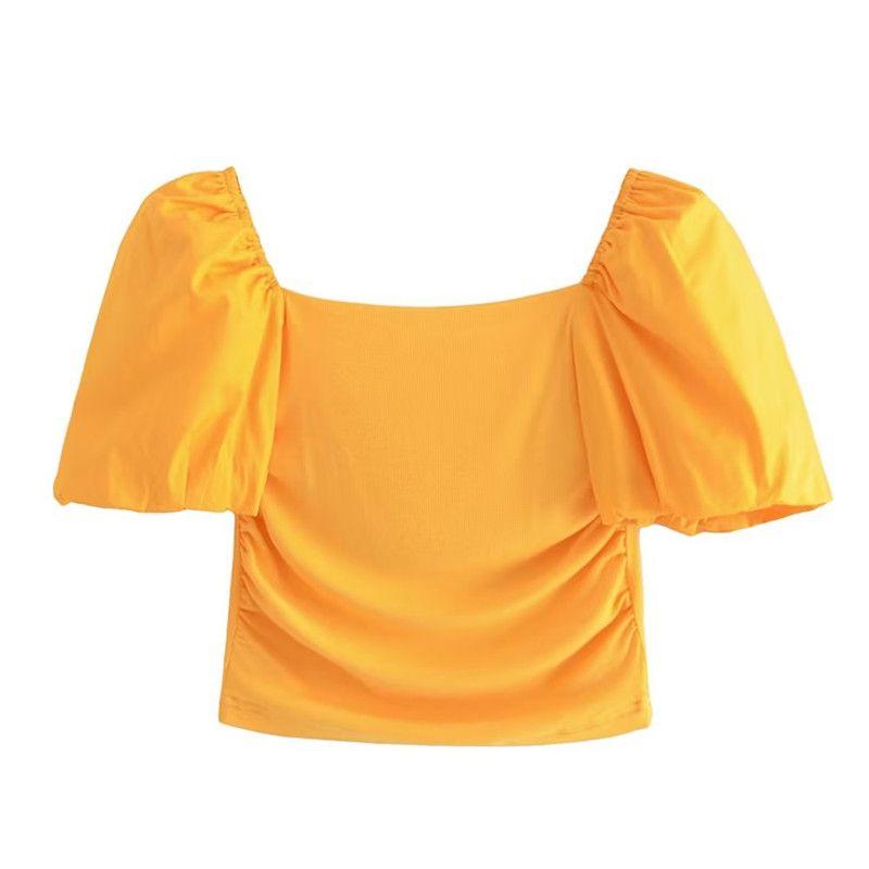 

Ur European and American Puffy Panel Square Collar Shirt Short Sleeve Top Orange L
