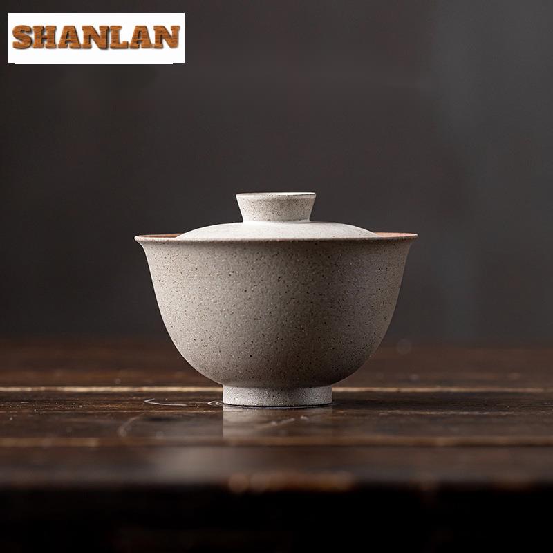80ml Handmade Gray Coarse Pottery Gaiwan Retro Not Hot Respecting Tea Tureen Chinese Tea Maker Cover Bowl Cafe Accessories Craft