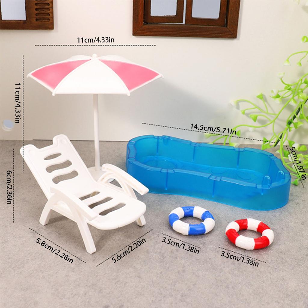 Miniature Beach Scene with Deck Chair Swim Rings for 1/12 Scale Dollhouse Furniture for Kids Imagination Creative Play
