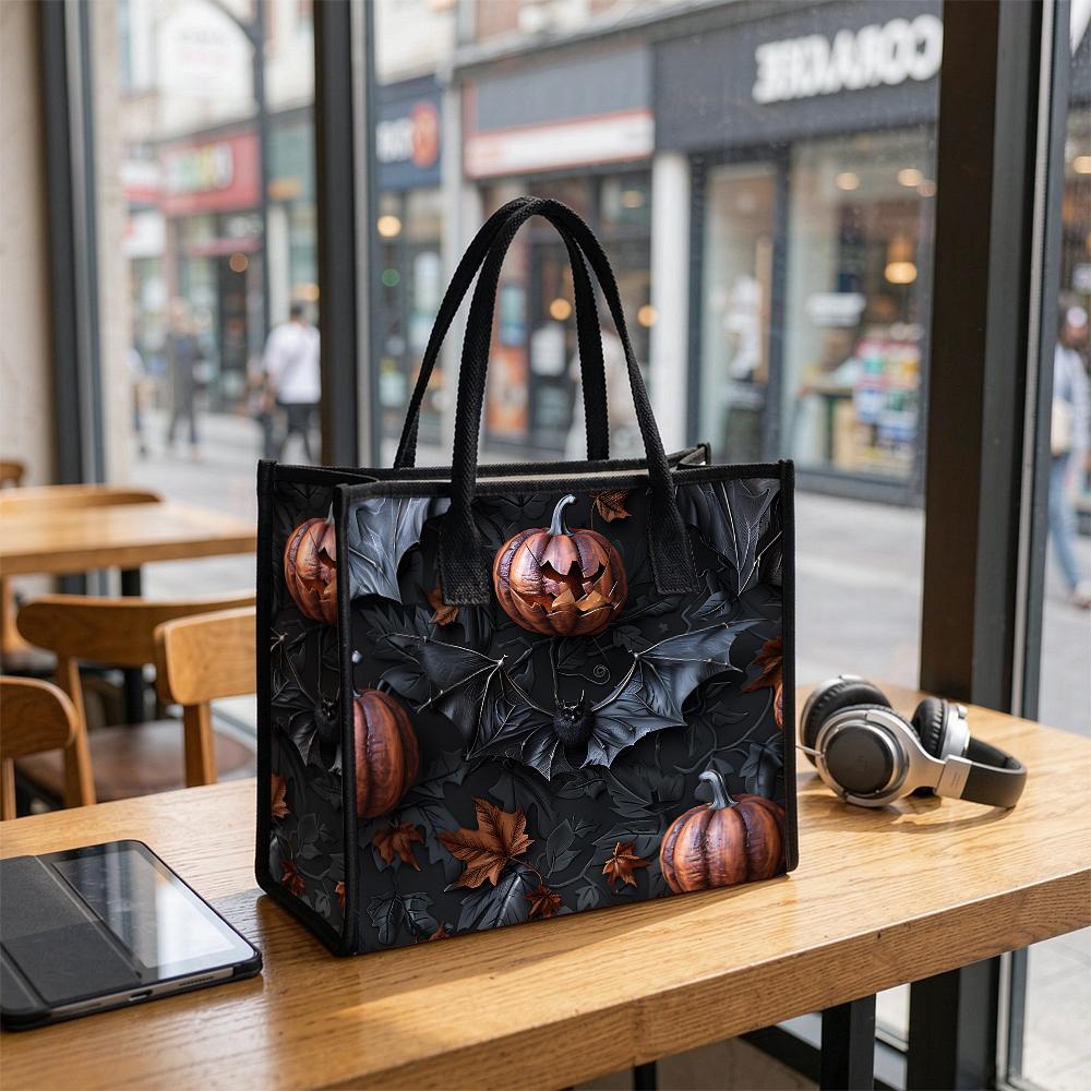 Halloween Pumpkin Bat Pattern Tote Bag Fashion Portable Daily Use Handbag 