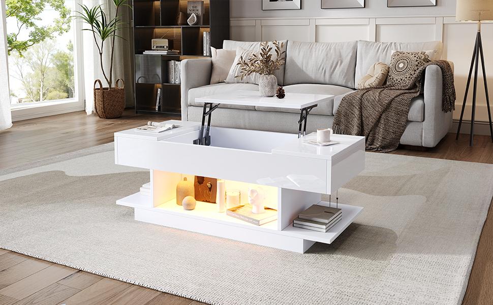 98*45*40cm Lift Coffee Table with Lift Tabletop, Height-Adjustable, 2 Flip-Top Cabinets, Semi-Open Storage, High-Gloss, LED, White