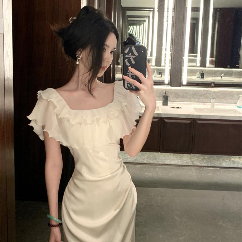 Sexy Satin Tube Top Suspender Dress Temperament Slim Split Ends Hip Wrap High-end Evening Dress Long Dress Women