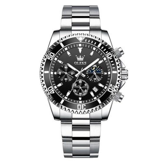 OLEVS Mens Watch Black Waterproof Quartz Analog Wristwatch Chronograph Silver Stainless Steel Metal Band Dial Large