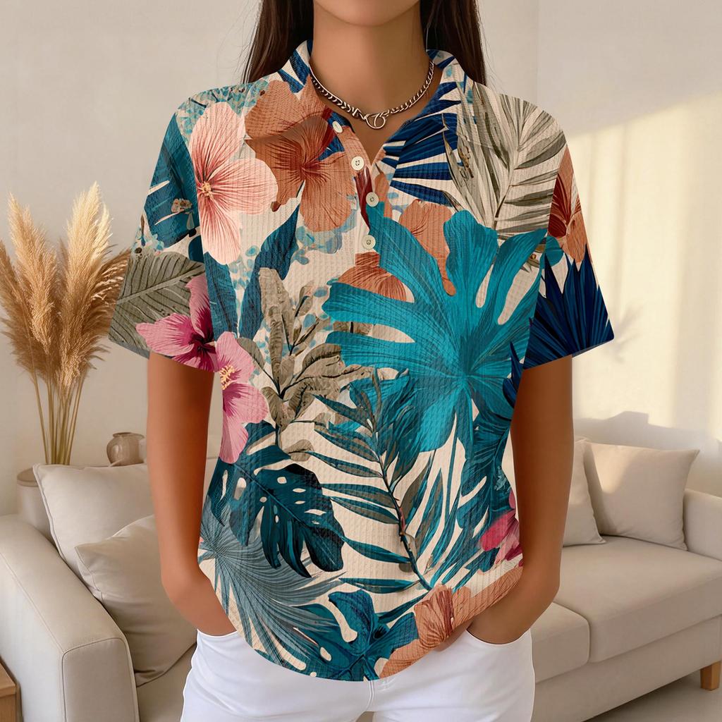 Women Casual Short Sleeve Hawaiian Print Waffle Knit Polo Shirt Lightweight Breathable Summer Top with Button Down Collar
