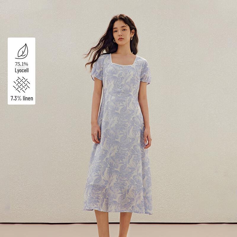 INMAN French Holiday Floral Print Lace Square Neck Short Sleeve Dress L