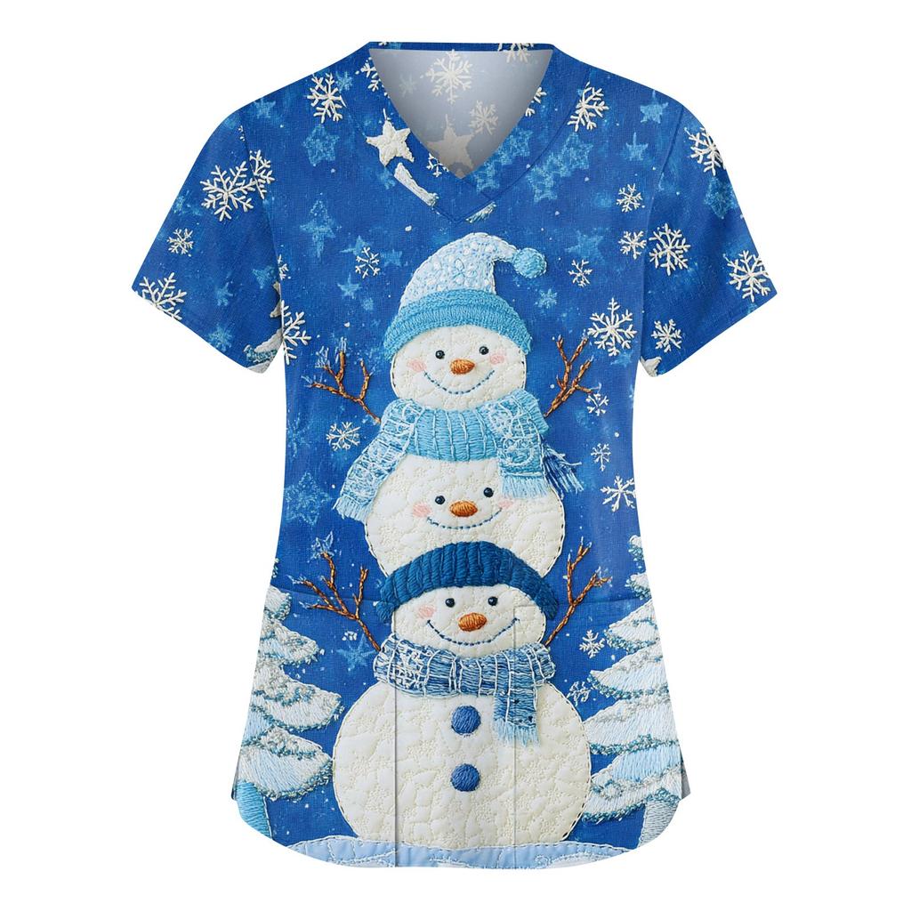 Women's Fashionable V-neck Workwear Christmas Printed Short Sleeved Pocket Side Slit Workwear Basic Pullover Top