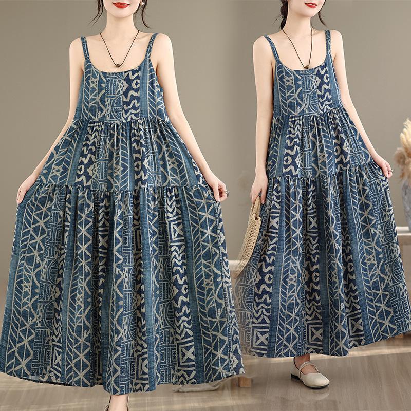 Women s Summer Plus Size Cotton Linen Maxi Dress, Geometric Print Spaghetti Strap Loose Tiered Casual Vacation Long Cami Dress one size