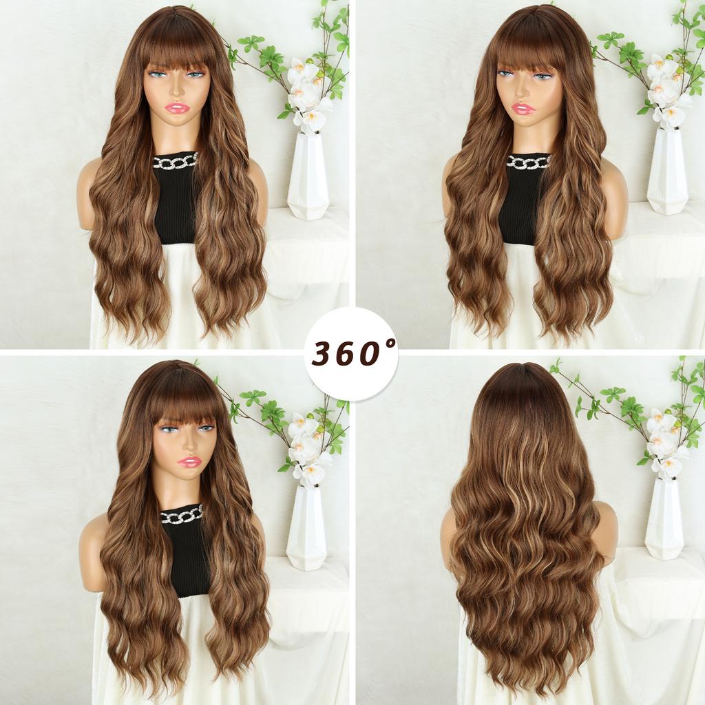 XINRAN Synthetic Long Natural Wave Wigs With Bangs Wigs Hair Heat Resistant Fiber For Women Daily Cosplay