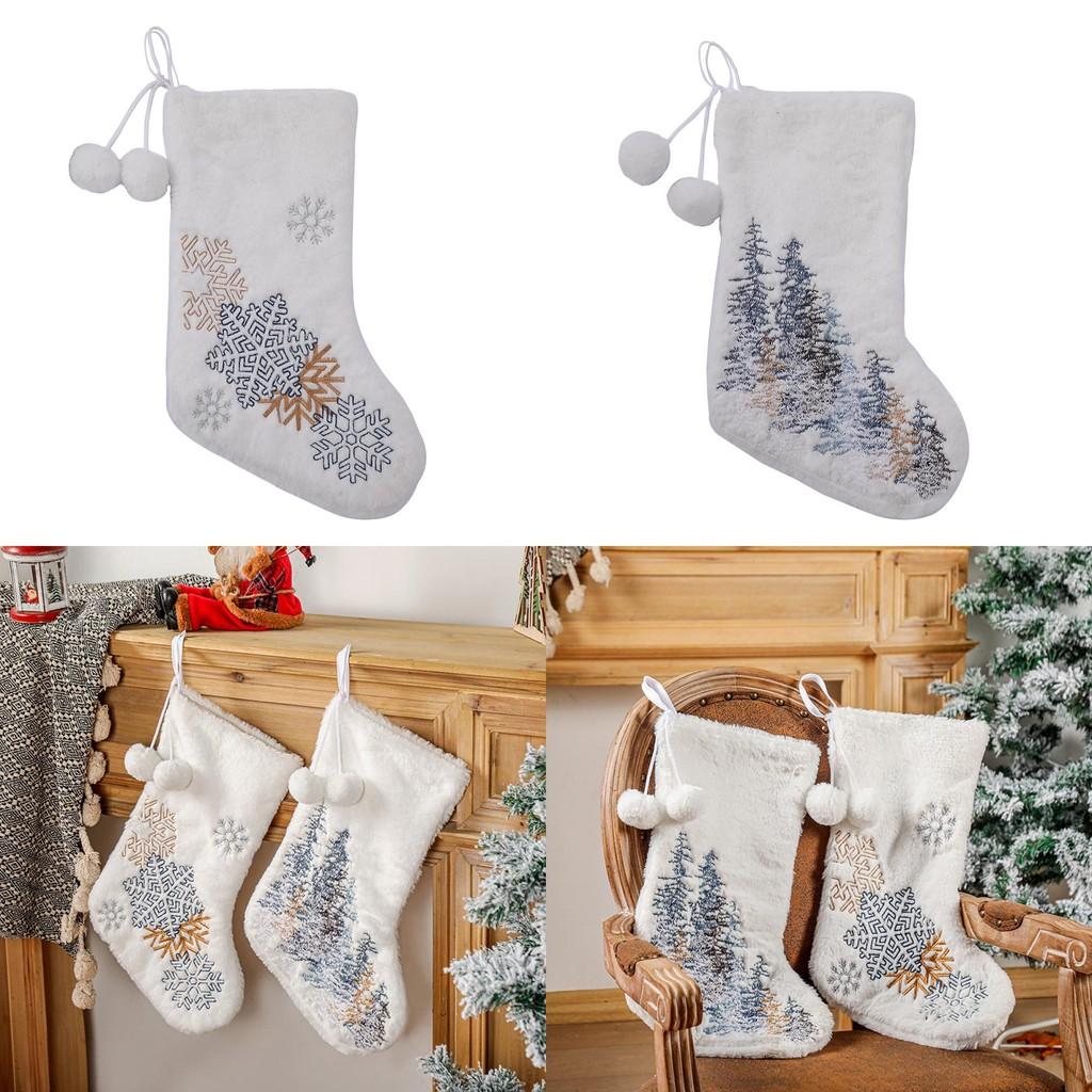 Decorative Stocking Christmas With Plush Fabric Embellished With Snowflake Embroidery And Poms Pom