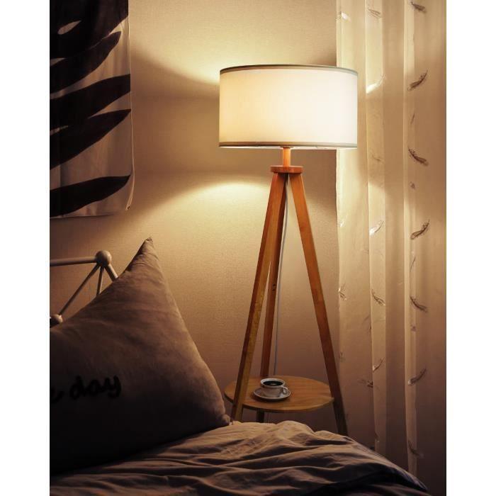 Lampadaire Trépied en Bois TOMONS avec Tablette et Ampoule E27 8W - Style Scandinave