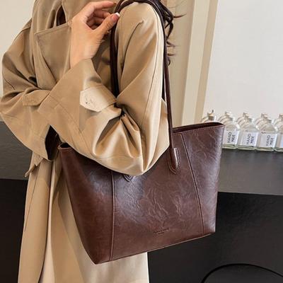 Solid Color PU RetroCapacity Bag for Women Fashionable Shoulder Bag High-end Texture Versatile Commuting Tote Bag