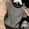 Spring and Summer New Korean Version Striped Front Shoulder Short-sleeved T-shirt Women's Thin and Versatile Outerwear Top Tide