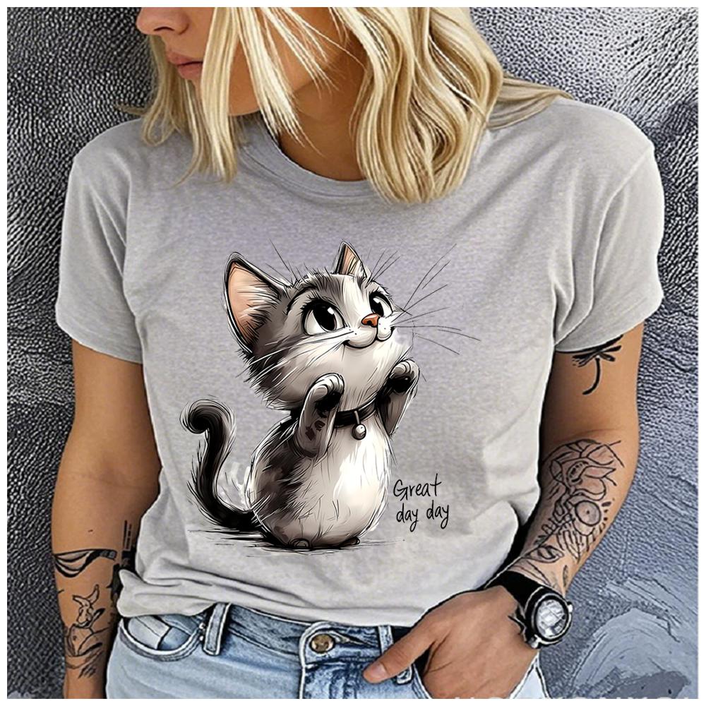 Unisex 100% Polyester Summer Top Great day day Hand-drawn style cat Print Loose round Neck Short Sleeve Fashion for Lovers