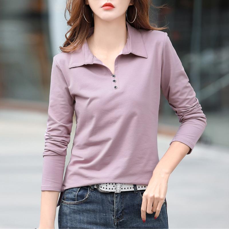 Cotton T Shirt Office Woman Spring Casual Long Sleeve Lapel T-shirt Autumn Loose Korean Style Plus Size Female Shirts