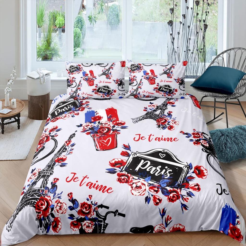 Eiffel Tower Duvet Cover Set King Size Love Heart Bedding Set Paris City Polyester Building Set For Girls France Urban Style