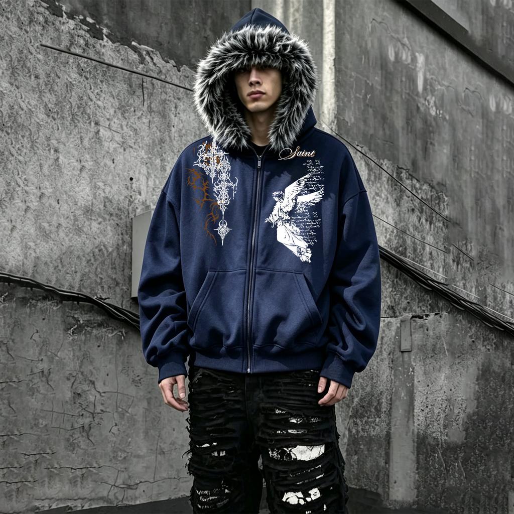Loose-Fit Sweatshirt with Faux Fur Collar, Soft-Lined Zipper, and Side Pockets—Warm Top for Men and Women, Unisex Casual Cardigan