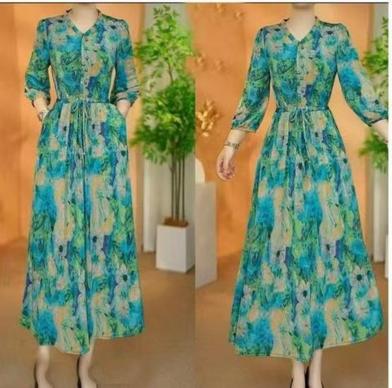 2026 Spring French Style Age-Reducing Slimming V-Neck Midi Dress 2XL (Recommended weight 105-120 jin)