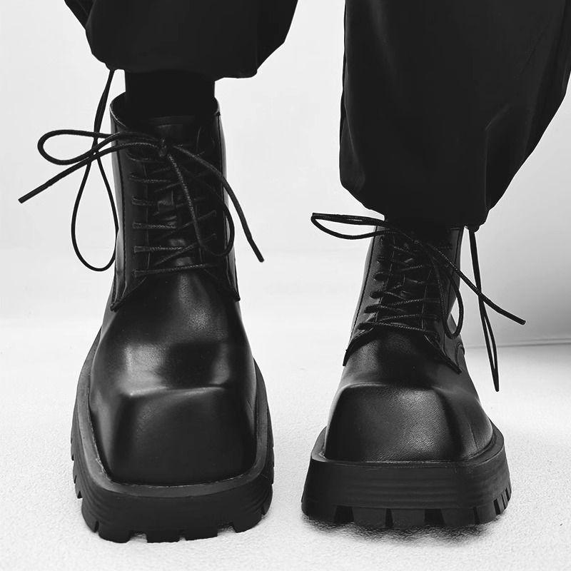 Square Men's Trendy European and American Niche Medium-top Retro Thick-soled Heightening Locomotive Boots High-top Leather Shoes