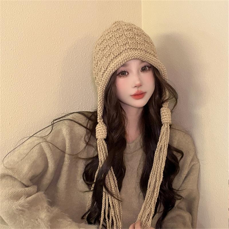 Handmade Fringed Braids Hat Y2K Sweet Girl Warm Beanie Hat InsStyle Bonnet Winter Autumn Skull Hat Pullover Earflap Hat