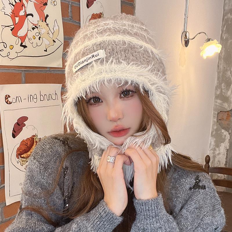 Autumn and Winter Fluffy Hat for Women Versatile Warm Wool Hat Outdoor Face Showing Small Cold Protection Lei Feng Hat Ear Protection Knit Hat