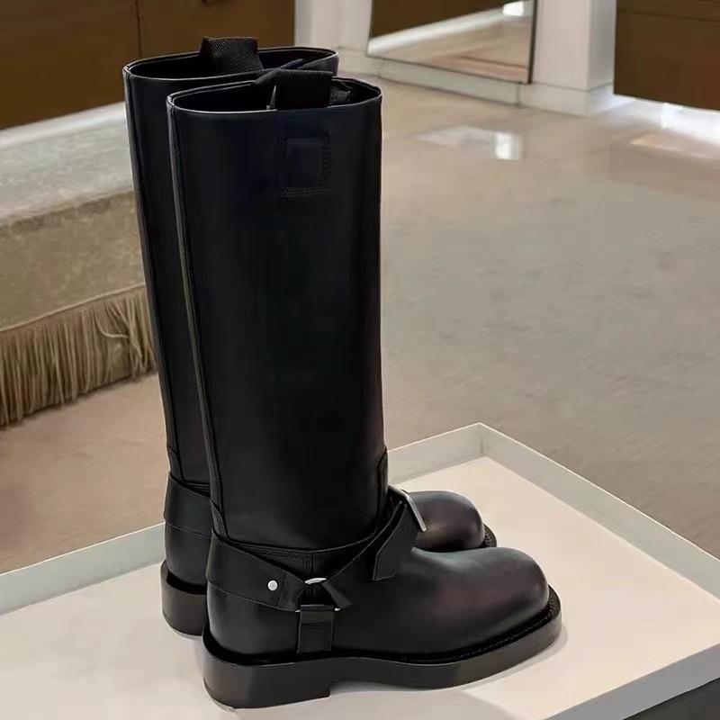 Fashion New Women Thick Heeled Black Boots Pointed Toe Leather Mid Calf Boots Autumn Winter Woman Motorcycle Shoes Buckle Long Boots