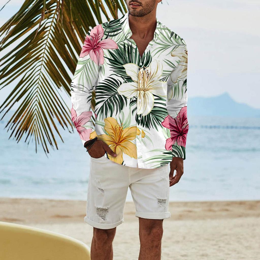 Mote Langermet Trykket Casual T-skjorte med Knapper Regular Fit Skjorte Topp for Menn